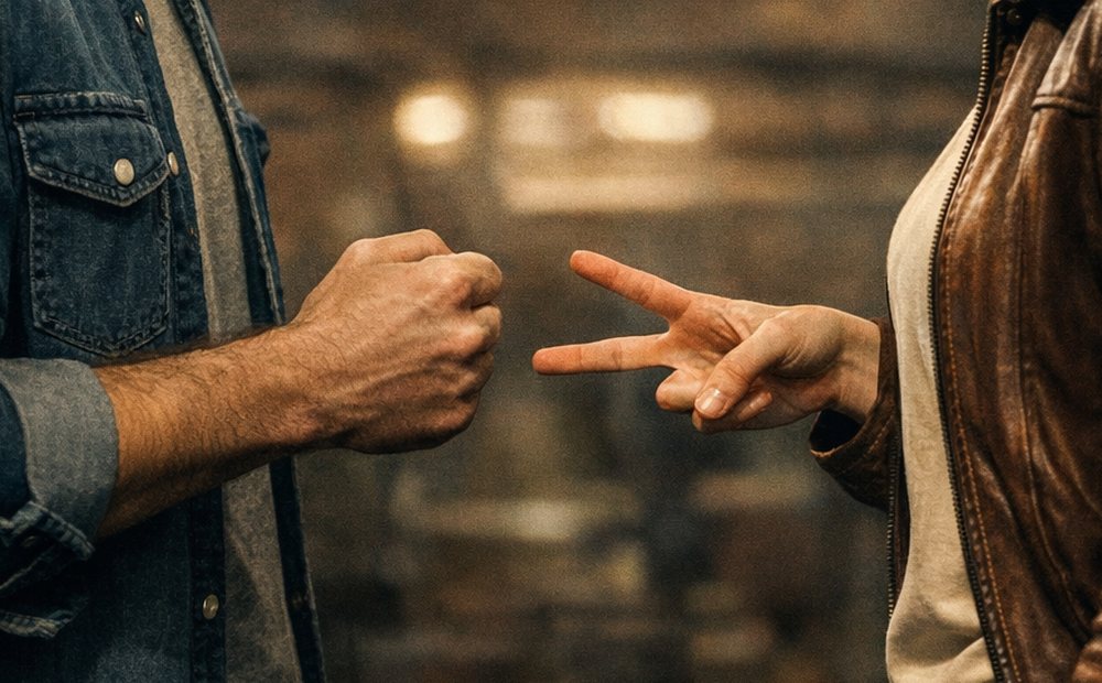 Visuel du Duel : un poing face à des ciseaux, entre un homme et une femme
