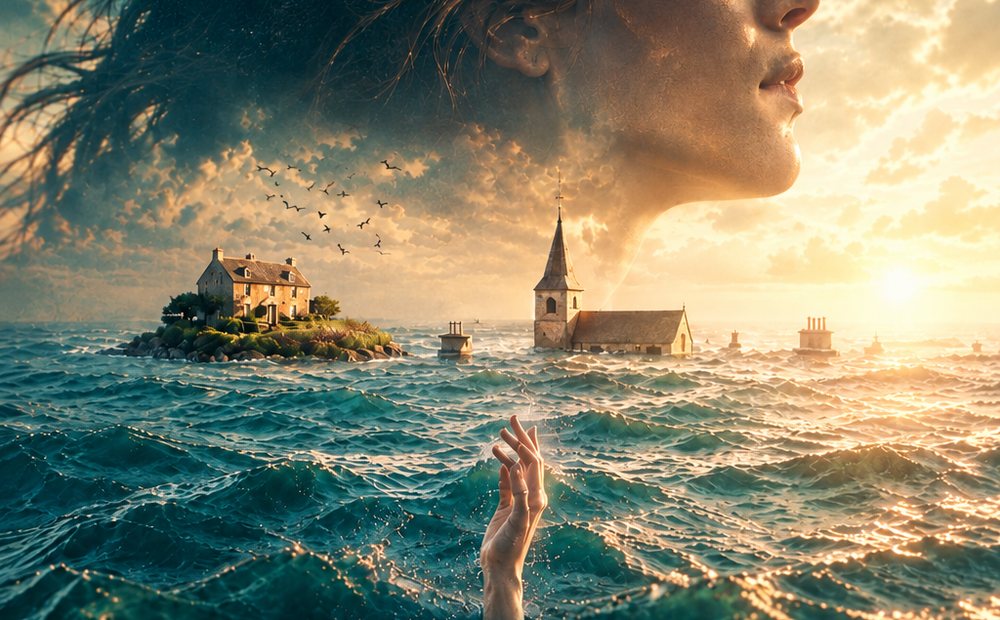 Visuel d'Eau Secours : un village englouti sous la mer, une main qui émerge des vagues